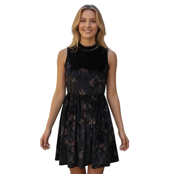 POL Dresses & Skirts - NWOT POL Black Floral Velvet Fit and Flare Mini Dress Size Small